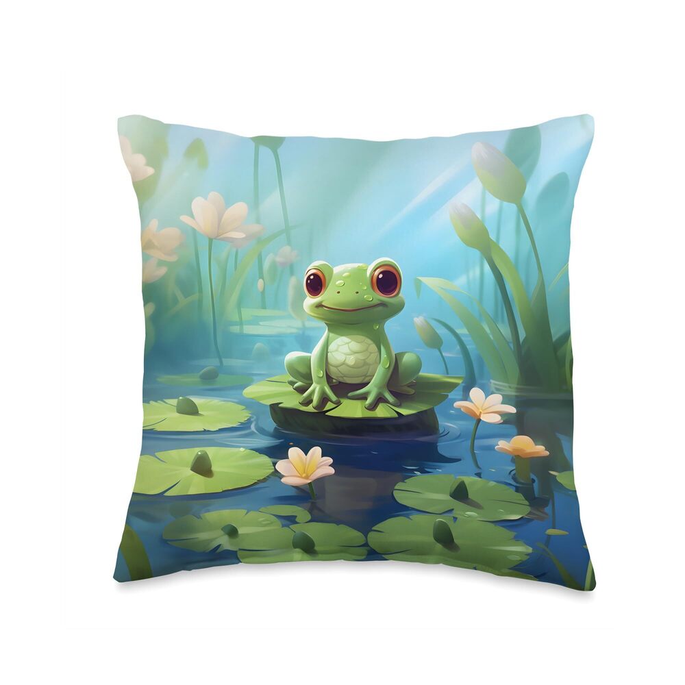 9763 Happy Green Frog on Lily Pad Throw Pillow, 16x16, Multicolor